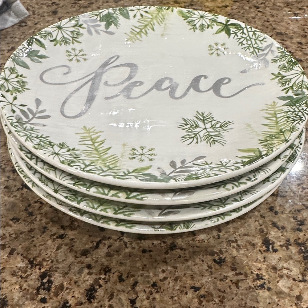 Pier 1 Green and Silver Holiday Plates, set of 4